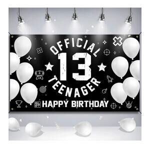 Official Teenager 13 Year Old Happy Birthday Banner 6.1ft x 3.6ft Black White